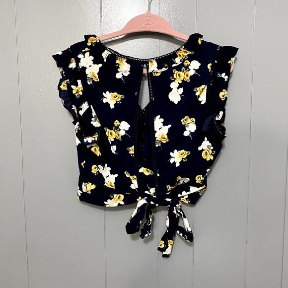 J by J.O.A. Navy Floral Ruffle Open Back Tie Ladder Lace Flirty Crop Top XL - Picture 5 of 6